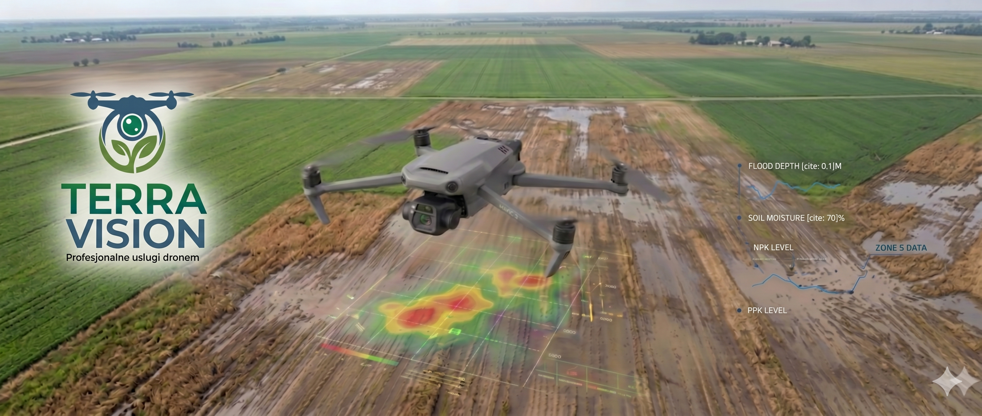 Dron Terra Vision nad zalanymi polami z mapą analityczną